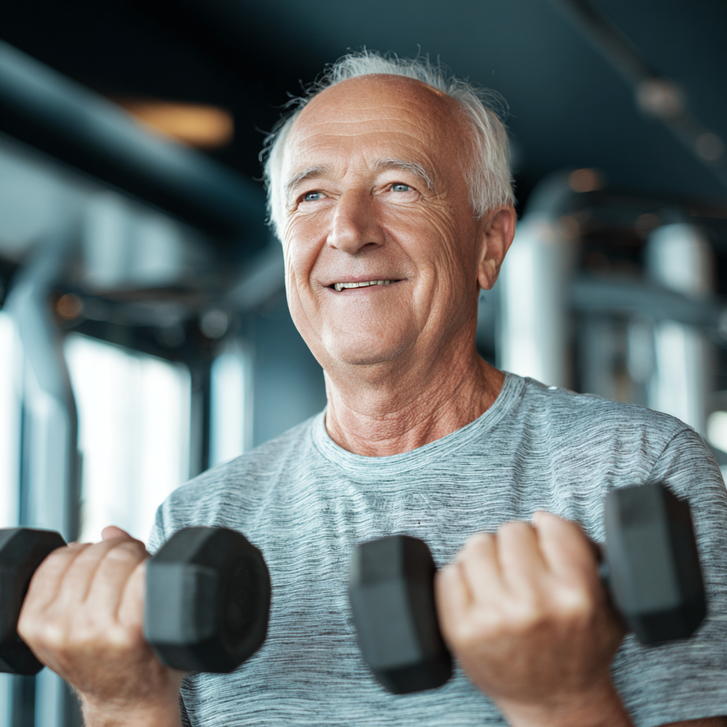 Smiling middle-aged European man in athletic wear checking his fitness tracker outdoors